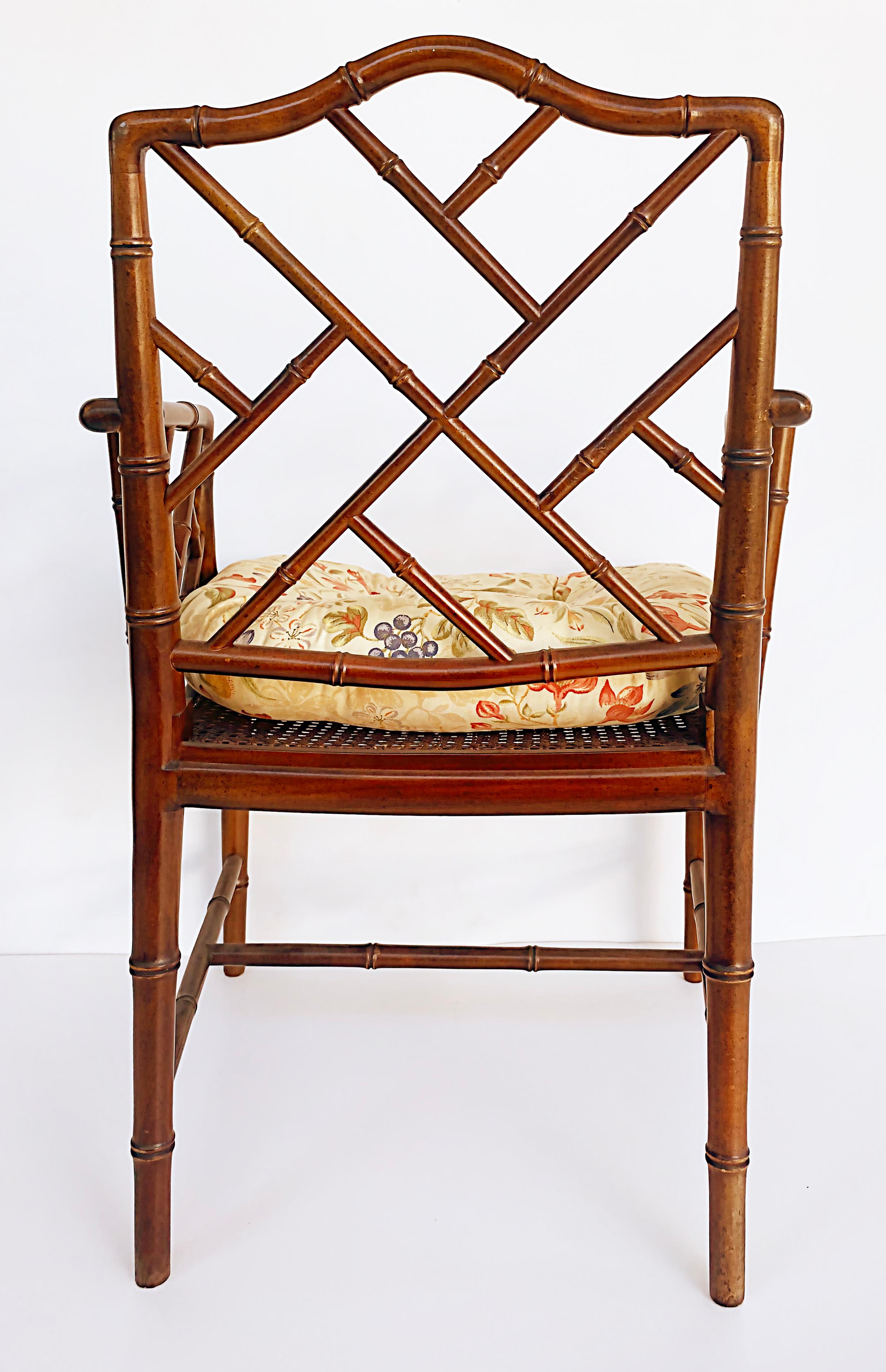 Chinese Chippendale Style Faux Bamboo Armchair, Caned Seat, Loose Seat Cushion In Good Condition For Sale In Miami, FL
