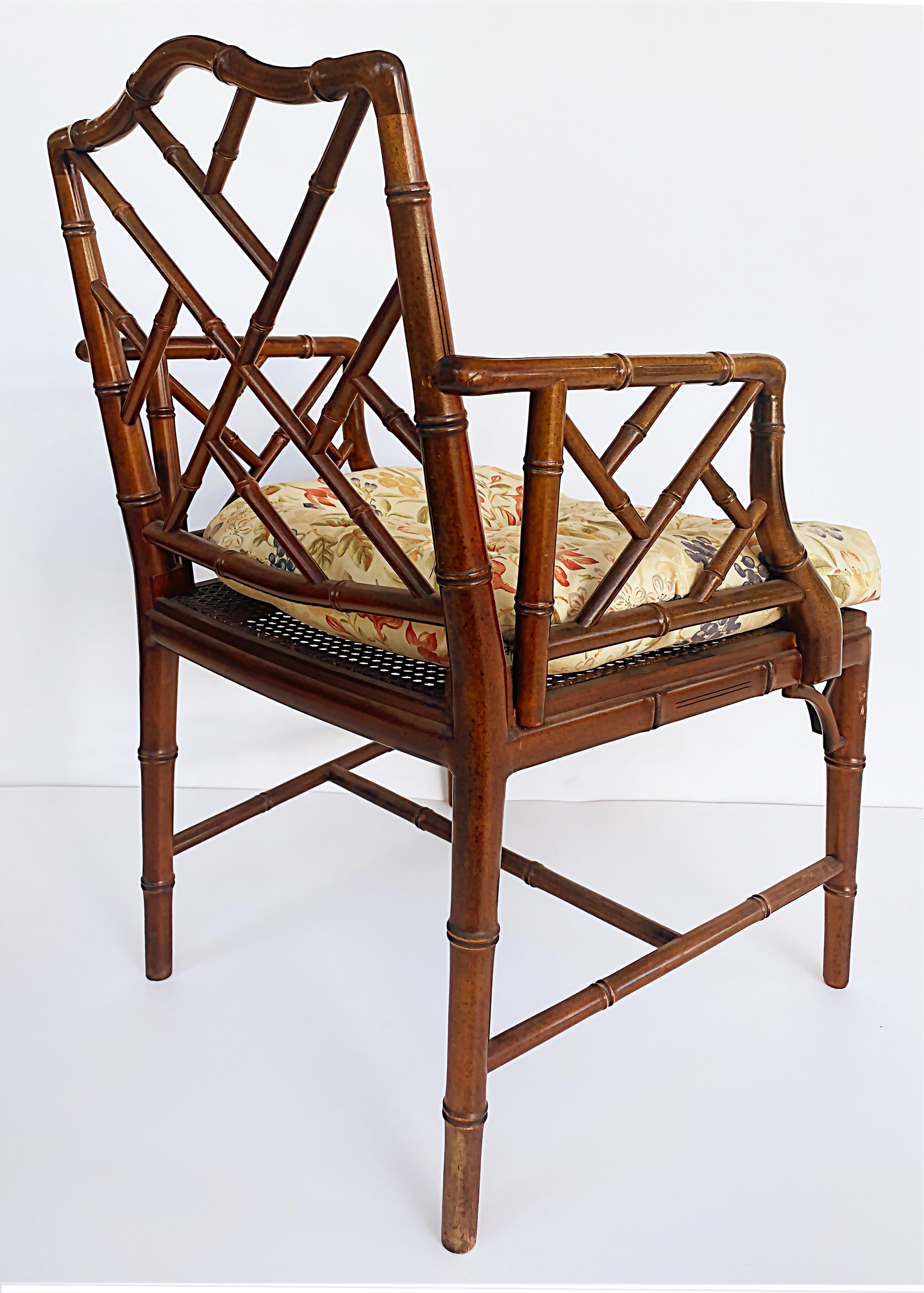 20th Century Chinese Chippendale Style Faux Bamboo Armchair, Caned Seat, Loose Seat Cushion For Sale