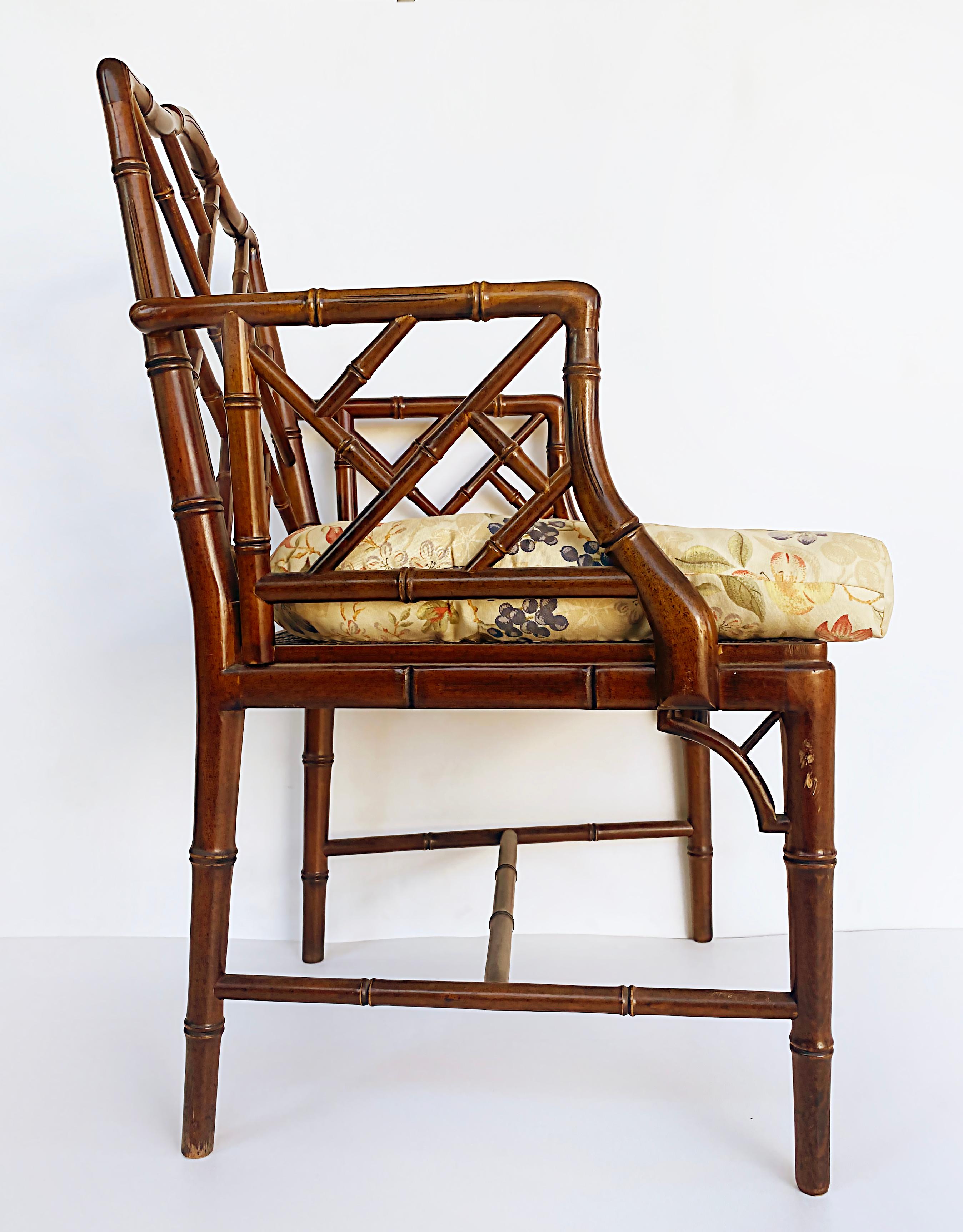 Fabric Chinese Chippendale Style Faux Bamboo Armchair, Caned Seat, Loose Seat Cushion For Sale