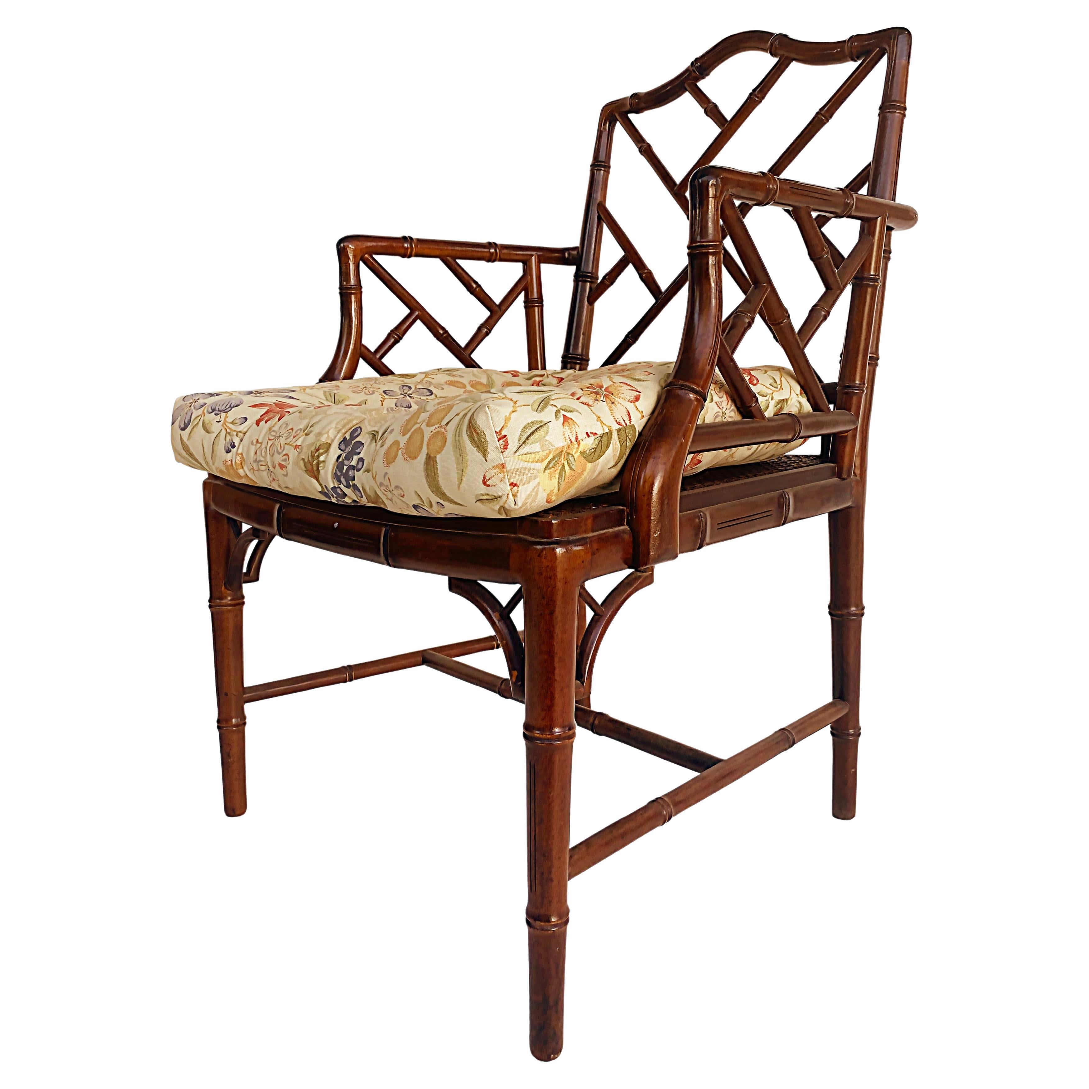 Chinese Chippendale Style Faux Bamboo Armchair, Caned Seat, Loose Seat Cushion For Sale