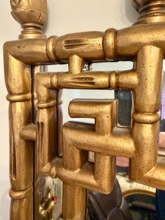 Chinese Chippendale Style Faux Bamboo Greek Key Gold Wall Mirror