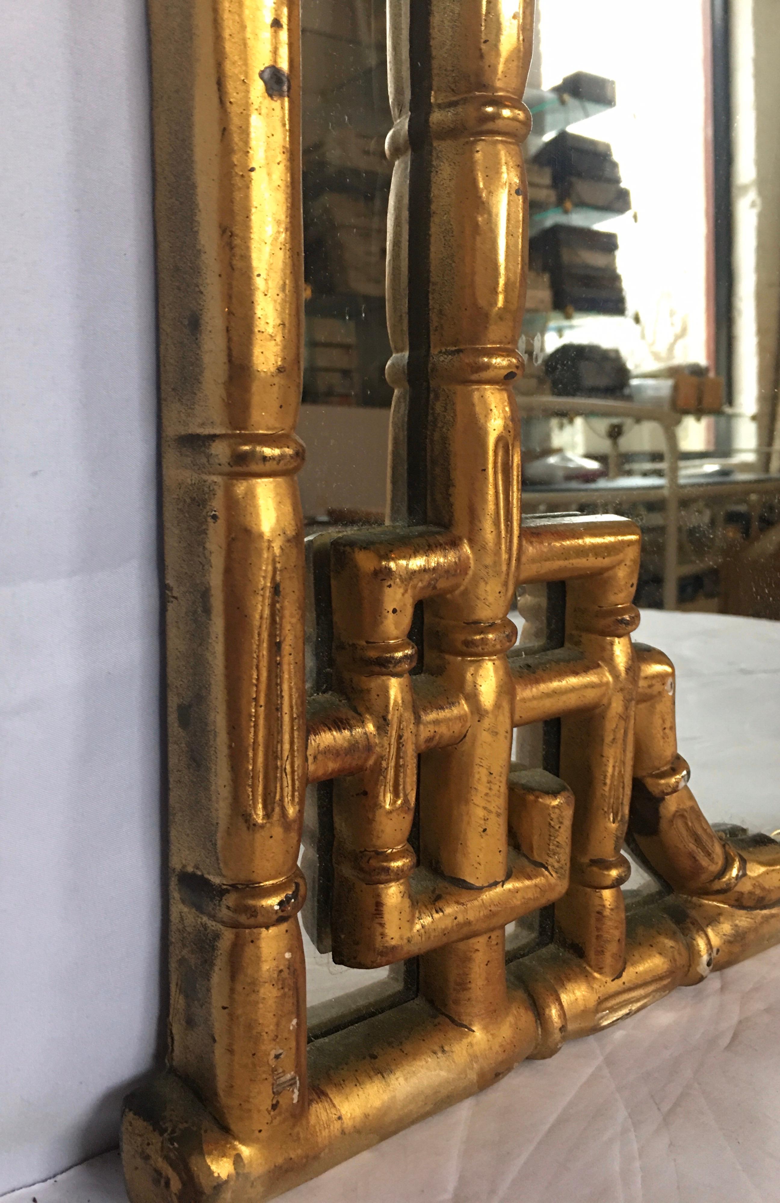 Hollywood Regency Chinese Chippendale Style Faux Bamboo Greek Key Gold Wall Mirror