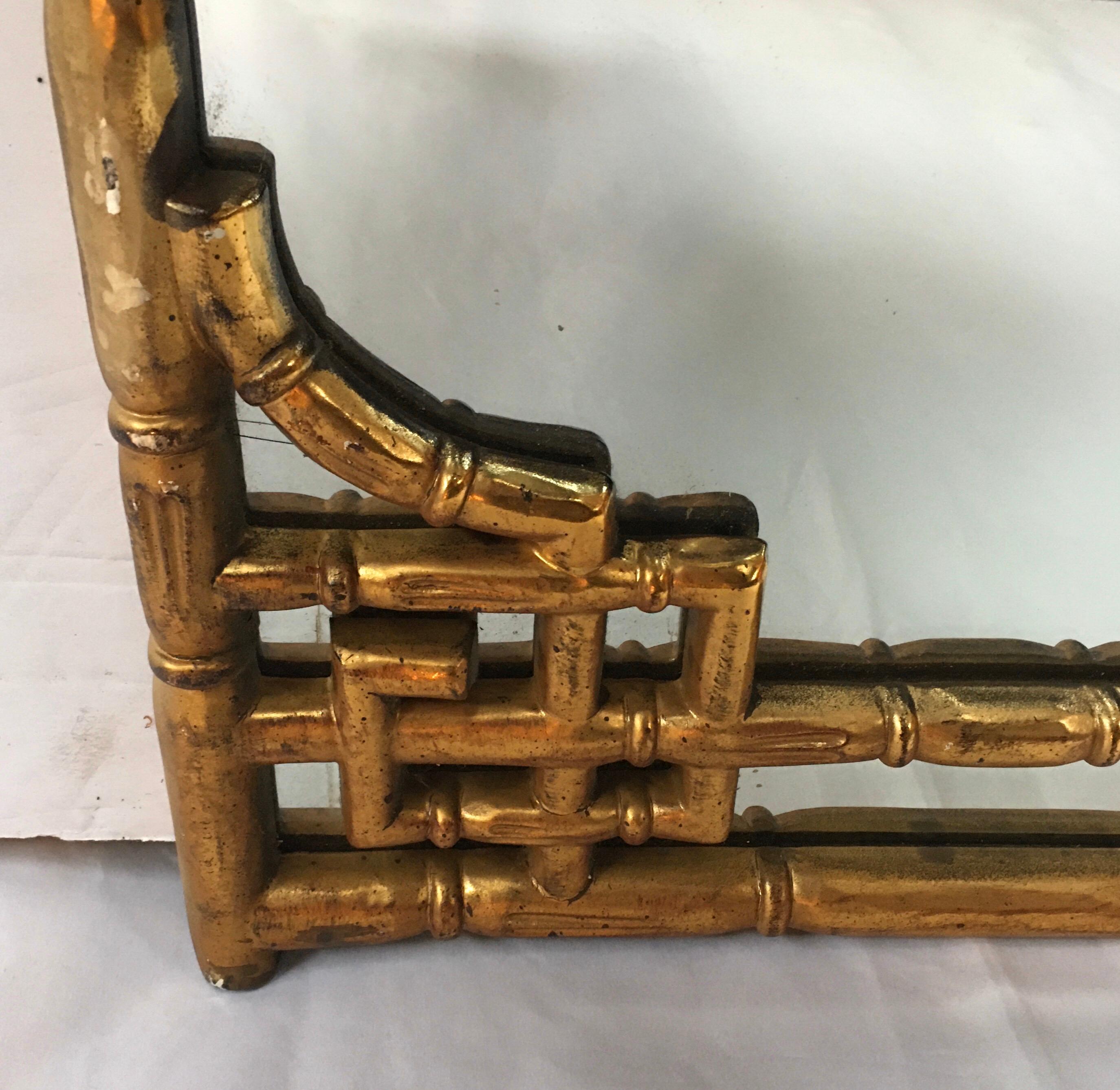 Late 20th Century Chinese Chippendale Style Faux Bamboo Greek Key Gold Wall Mirror