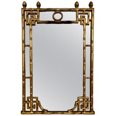 Chinese Chippendale Style Faux Bamboo Greek Key Gold Wall Mirror