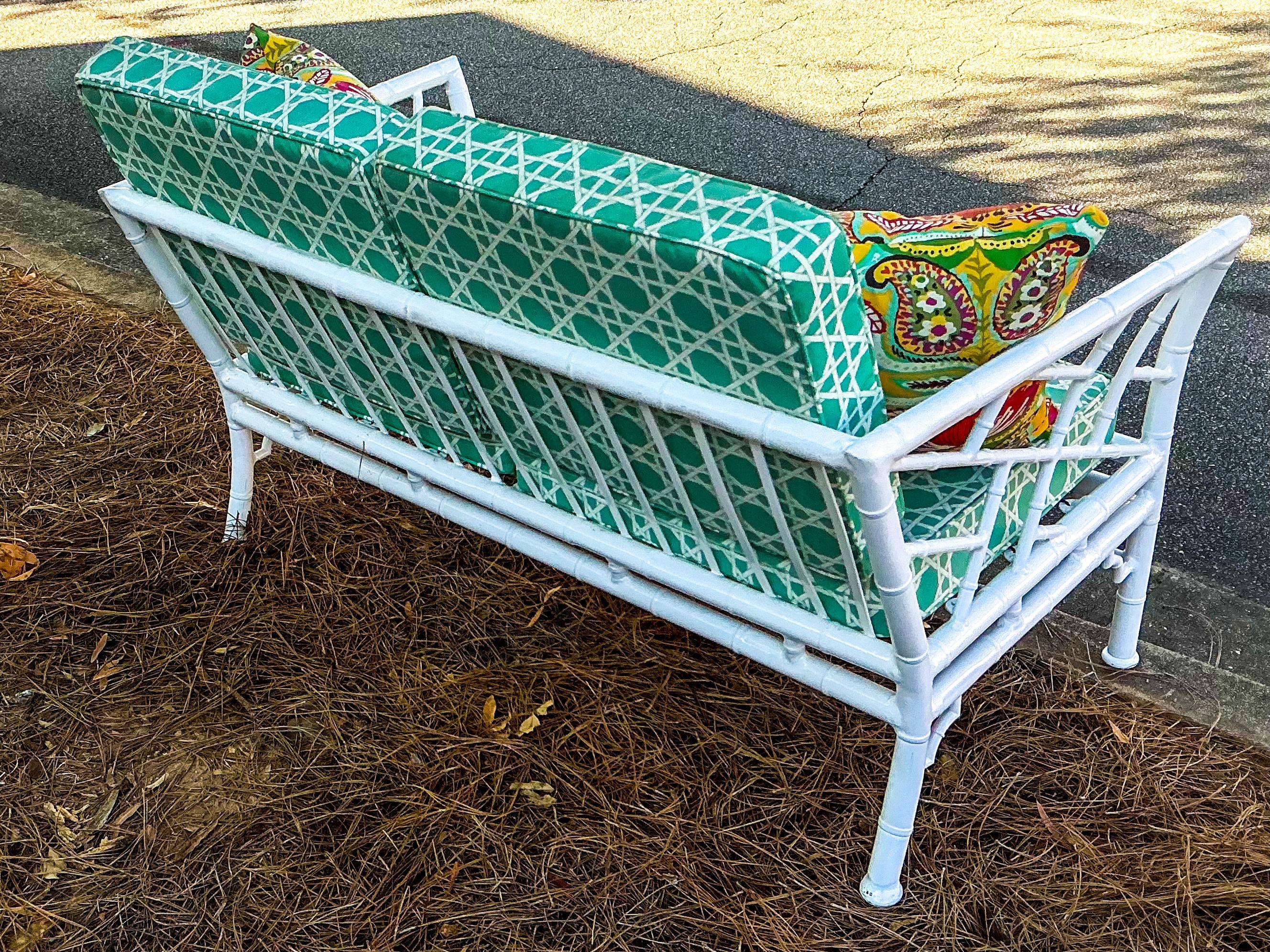 20th Century Chinese Chippendale Style Faux Bamboo Settee Fretwork Upholstery By Meadowcraft