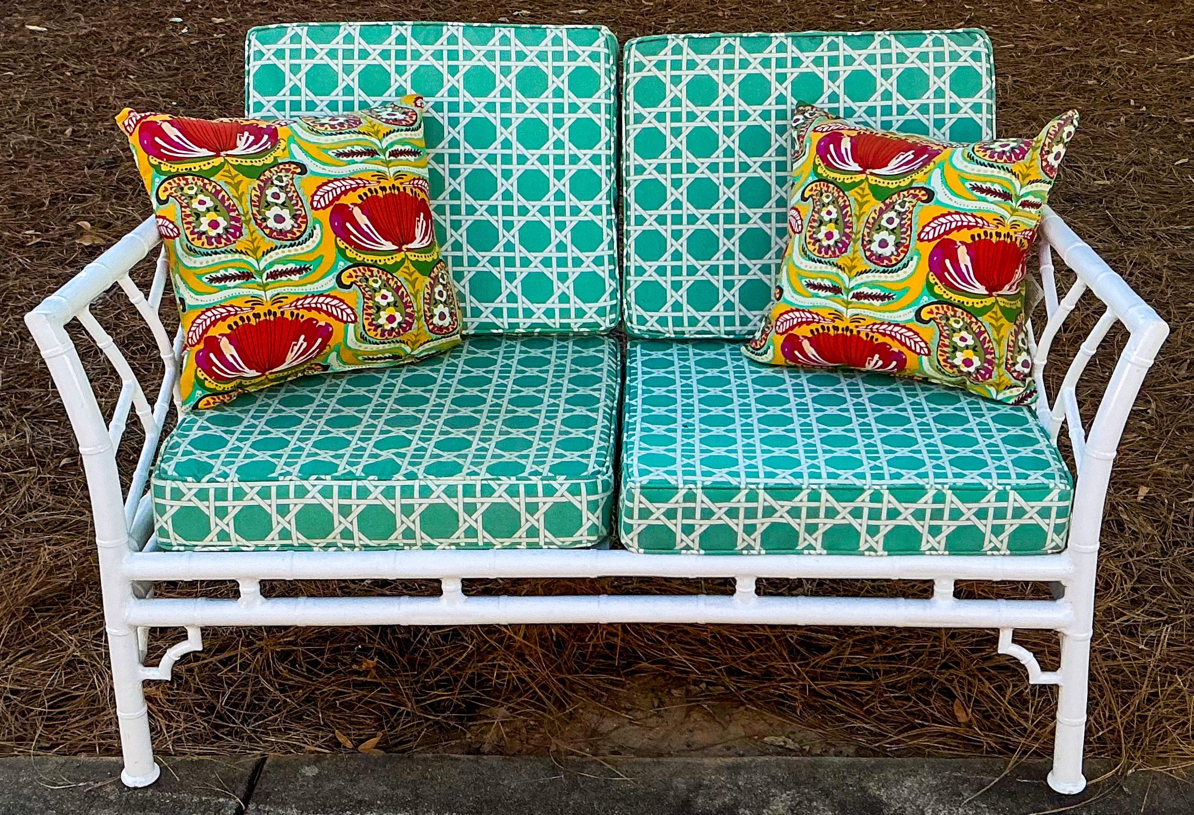 Aluminum Chinese Chippendale Style Faux Bamboo Settee Fretwork Upholstery By Meadowcraft