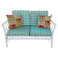 Chinese Chippendale Style Faux Bamboo Settee Fretwork Upholstery By Meadowcraft