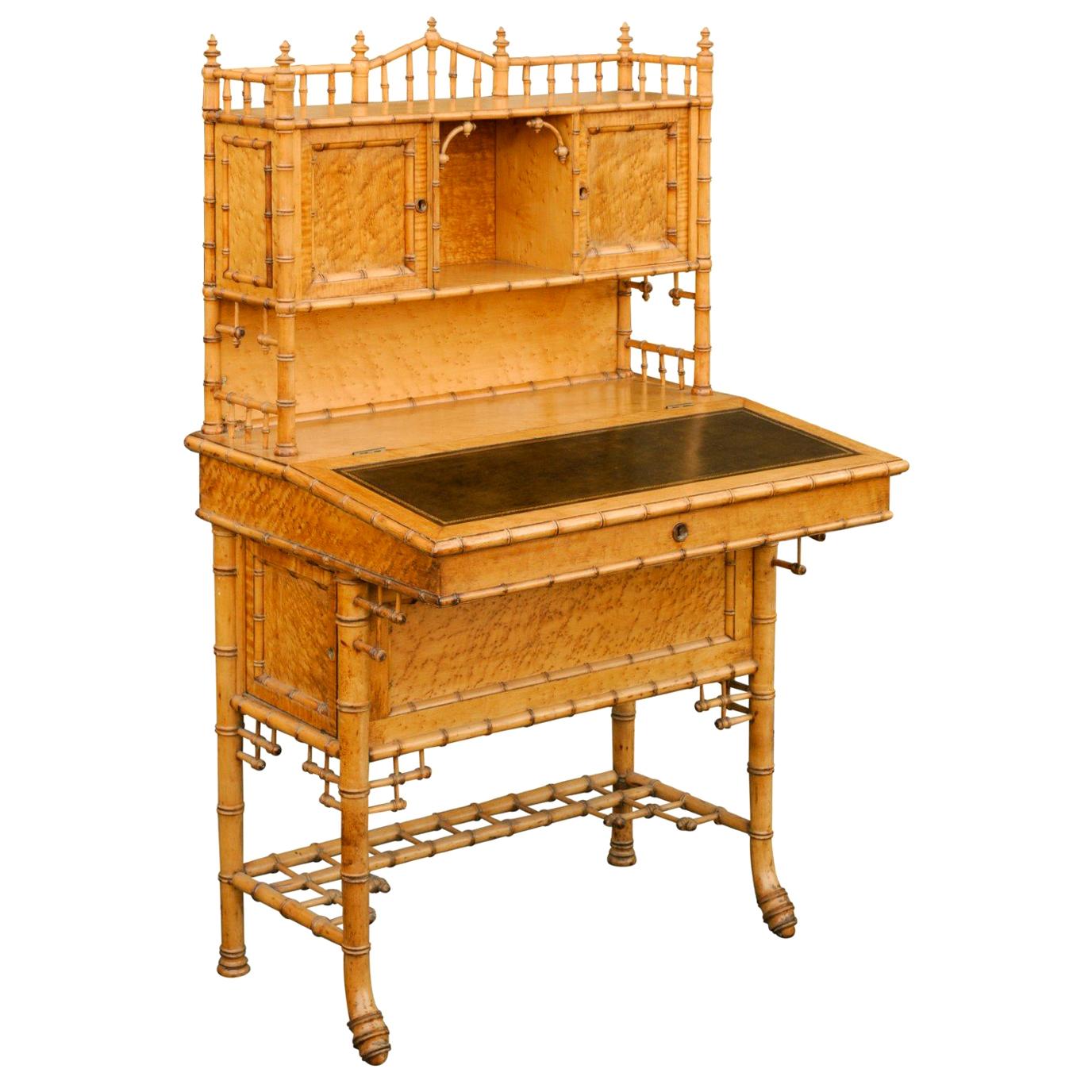 Chinese Chippendale Style Faux-Bamboo Tall Secretary with Slanted Lift-Top Desk