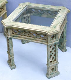 Chinese Chippendale Style Faux Marble Painted Side Tables Att. Tomlinson, Pair