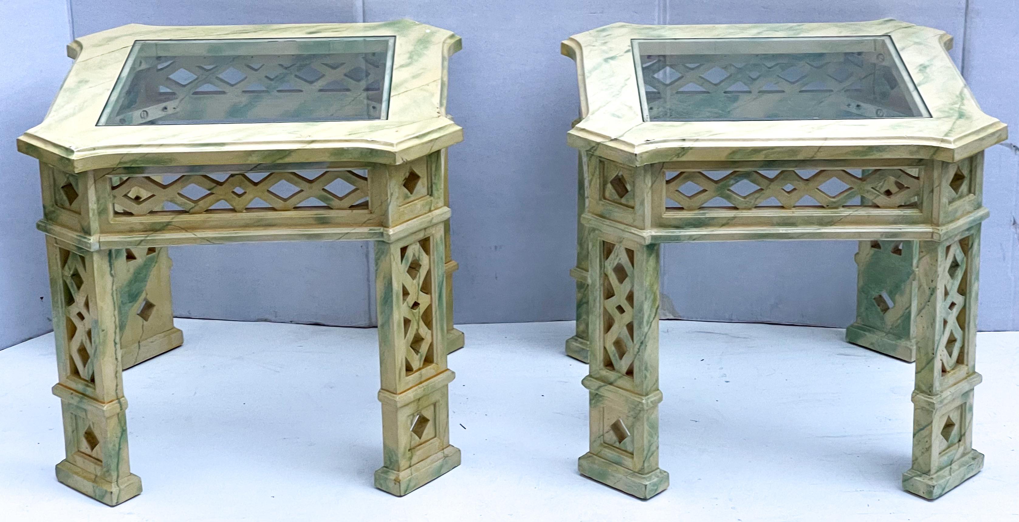 American Chinese Chippendale Style Faux Marble Painted Side Tables Att. Tomlinson, Pair