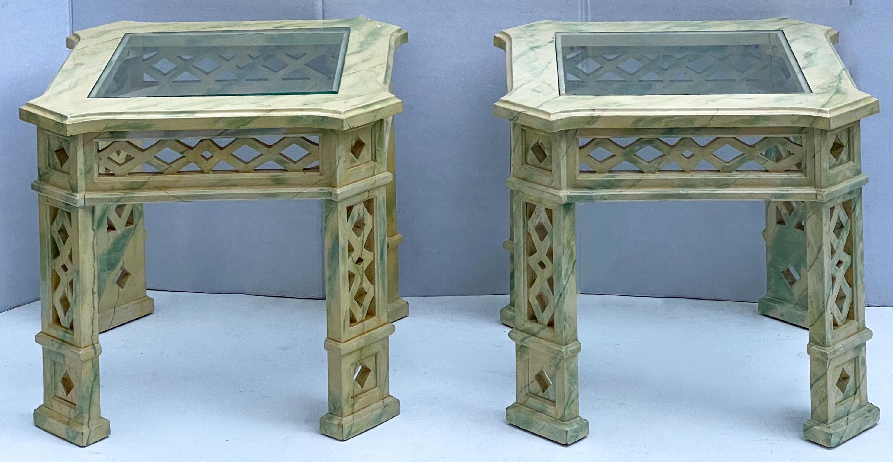 Late 20th Century Chinese Chippendale Style Faux Marble Painted Side Tables Att. Tomlinson, Pair