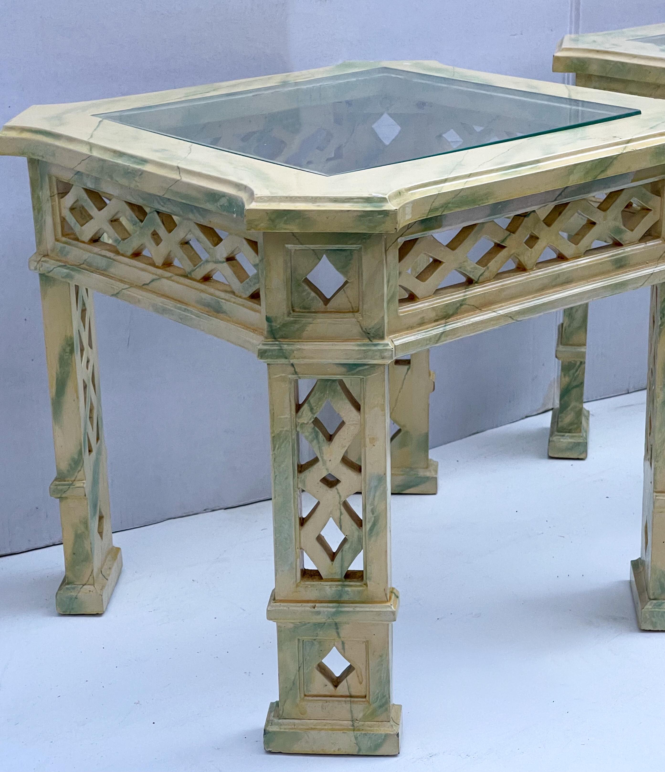 Wood Chinese Chippendale Style Faux Marble Painted Side Tables Att. Tomlinson, Pair