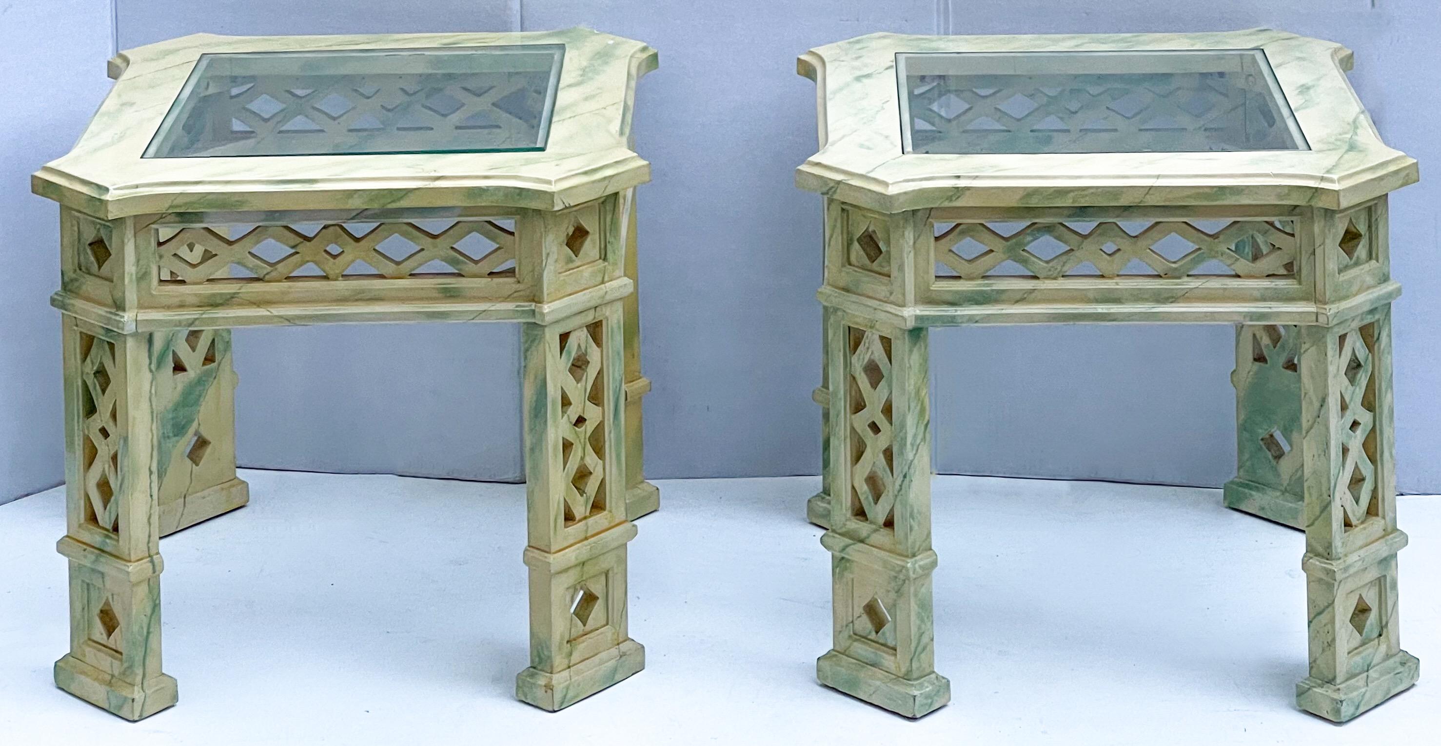 Chinese Chippendale Style Faux Marble Painted Side Tables Att. Tomlinson, Pair 2