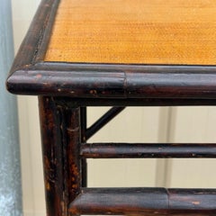 Chinese Chippendale Style Faux Tortoise & Grasscloth Rattan Console Tables Pair