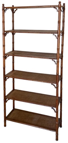 Chinese Chippendale Style Fruitwood & Grasscloth Faux Bamboo Etageres - Pair