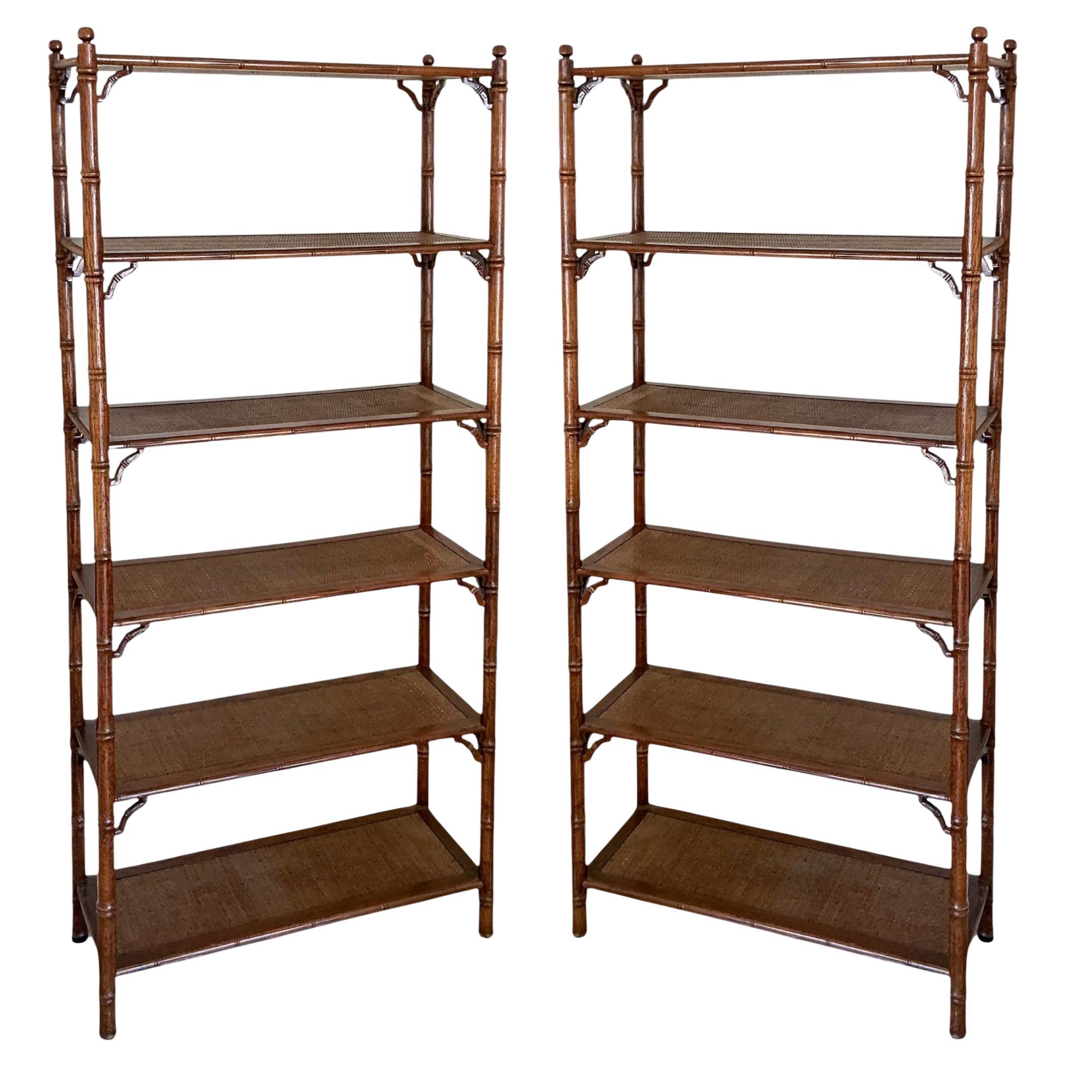 Chinese Chippendale Style Fruitwood & Grasscloth Faux Bamboo Etageres - Pair