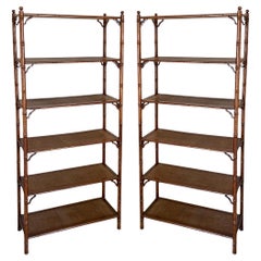 Chinese Chippendale Style Fruitwood & Grasscloth Faux Bamboo Etageres - Pair