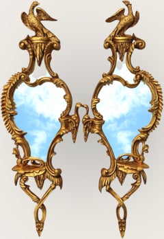 Chinese Chippendale Style Gilded Wall Mirrors W/ Opposing Ho Ho Birds -Pair
