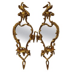 Chinese Chippendale Style Gilded Wall Mirrors W/ Opposing Ho Ho Birds -Pair