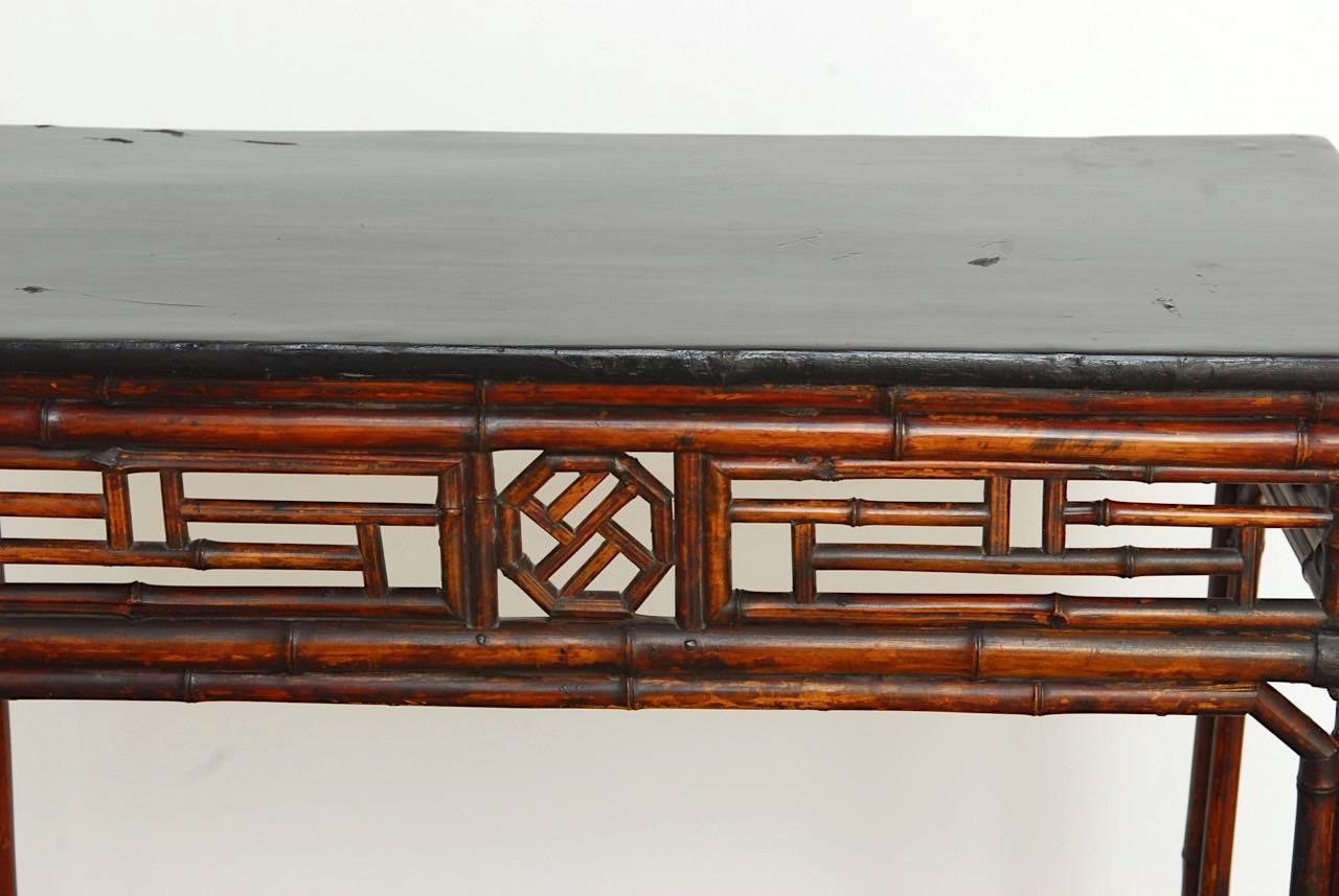 Chinese Chippendale Style Lacquered Bamboo Console Table In Good Condition In Rio Vista, CA