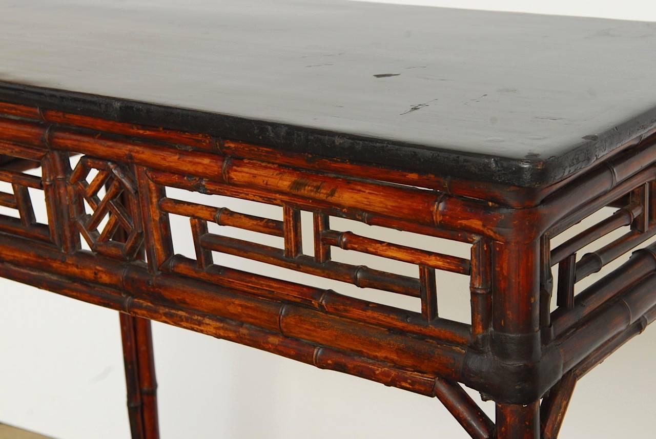 Chinese Chippendale Style Lacquered Bamboo Console Table 1