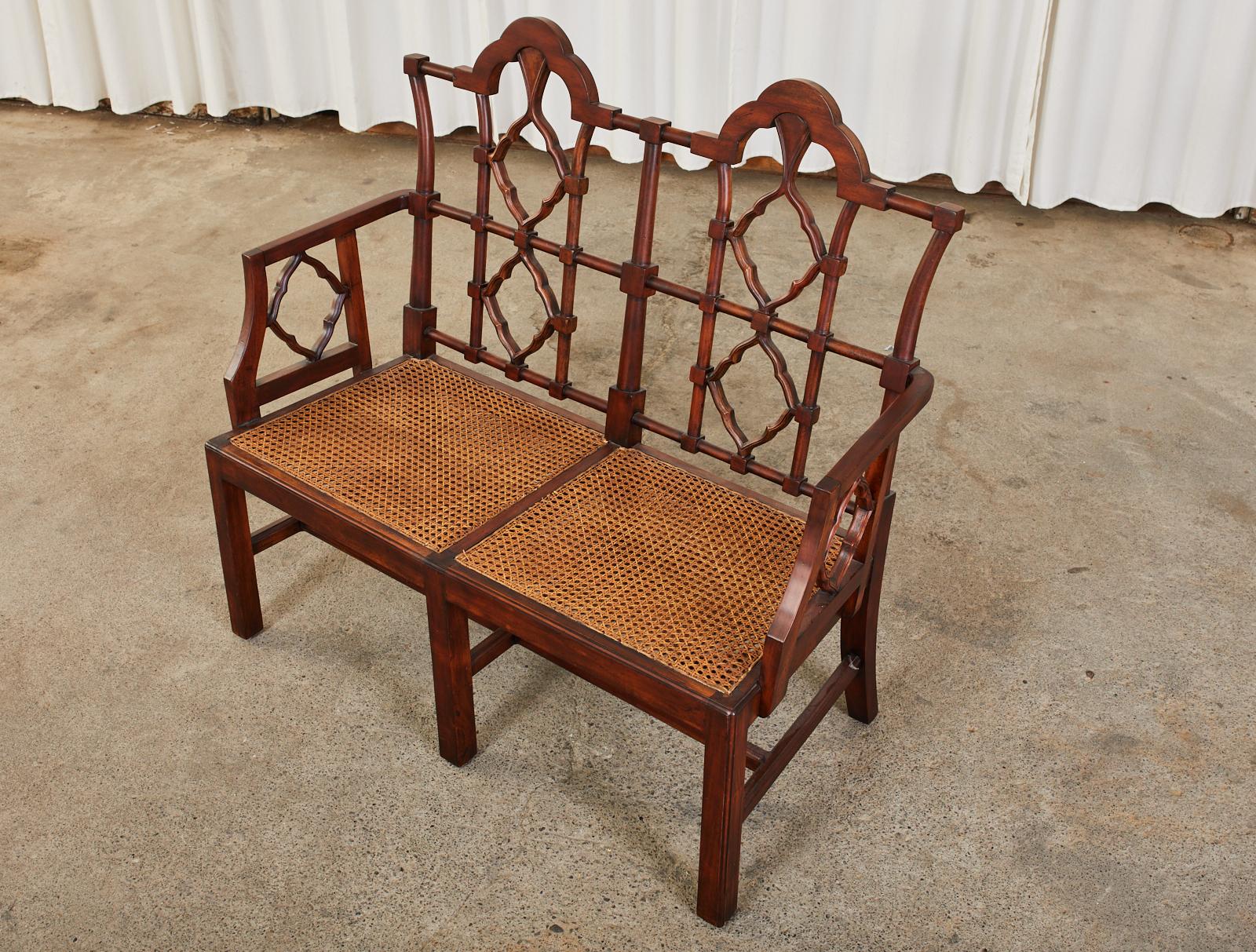 Chinese Chippendale Style Mahogany Caned Bench Settee 4