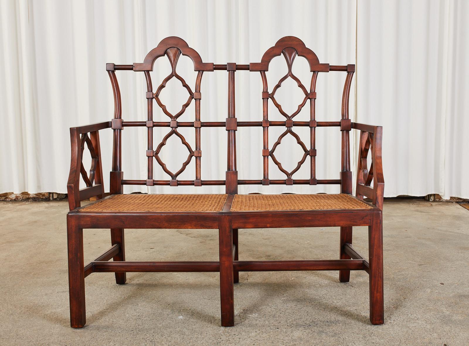 Asian Chinese Chippendale Style Mahogany Caned Bench Settee