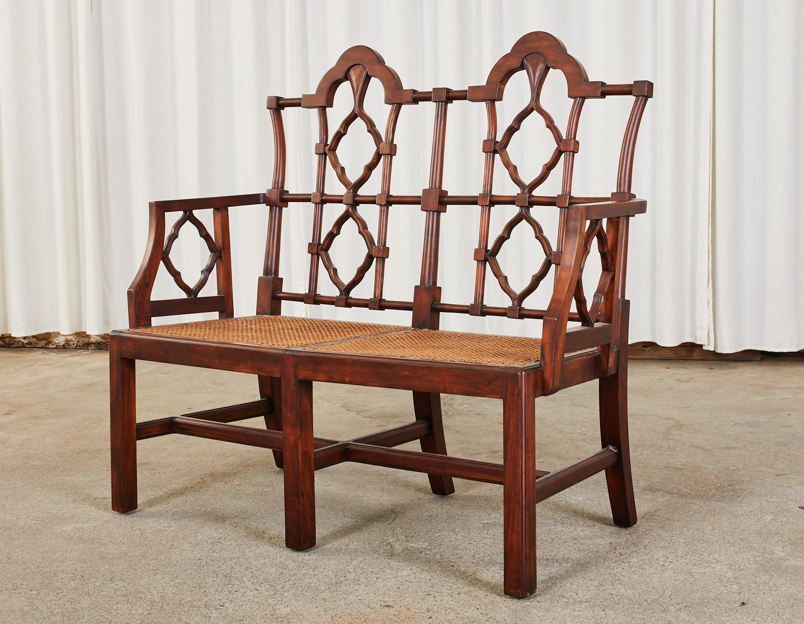 Hand-Crafted Chinese Chippendale Style Mahogany Caned Bench Settee