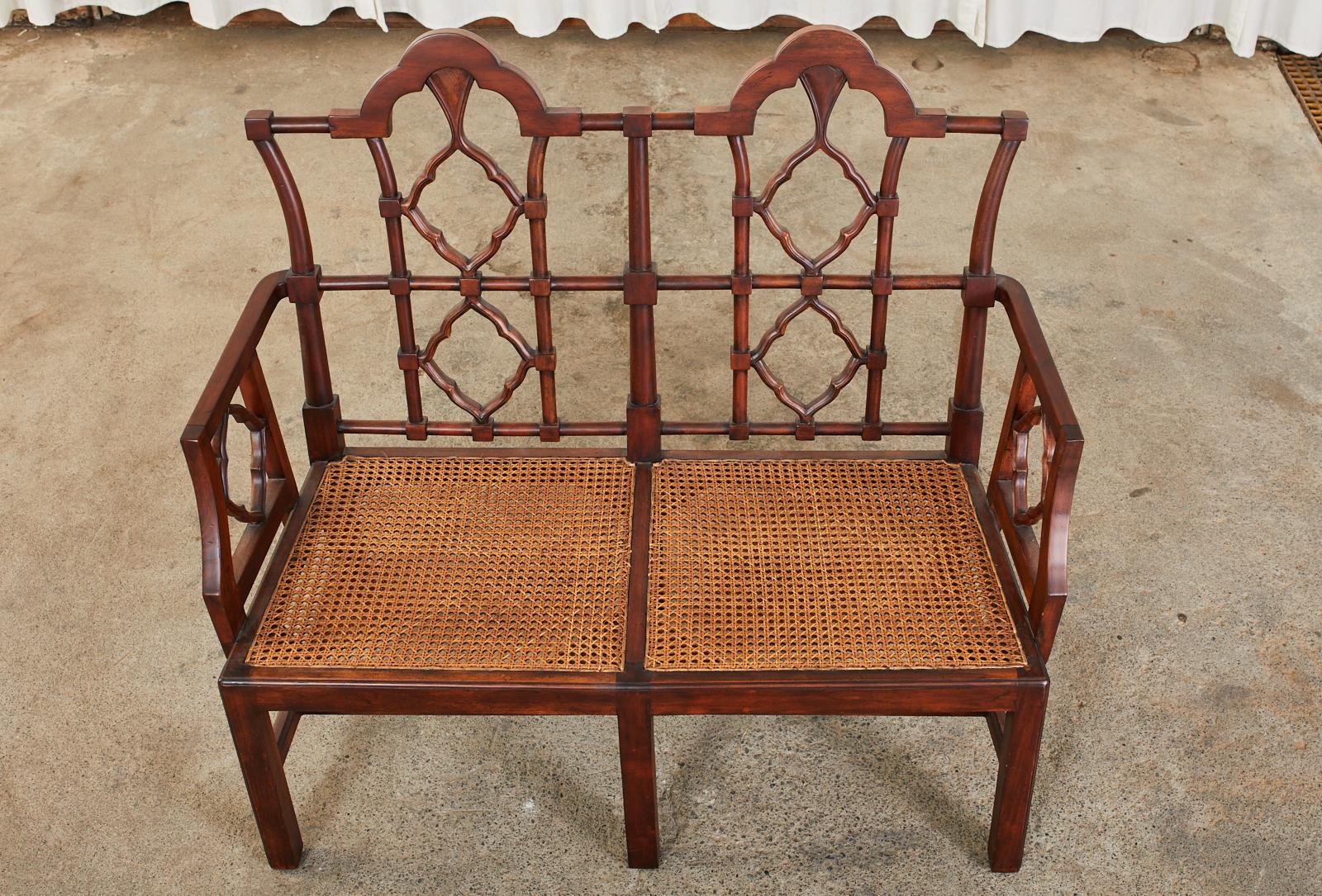 Chinese Chippendale Style Mahogany Caned Bench Settee In Good Condition In Rio Vista, CA