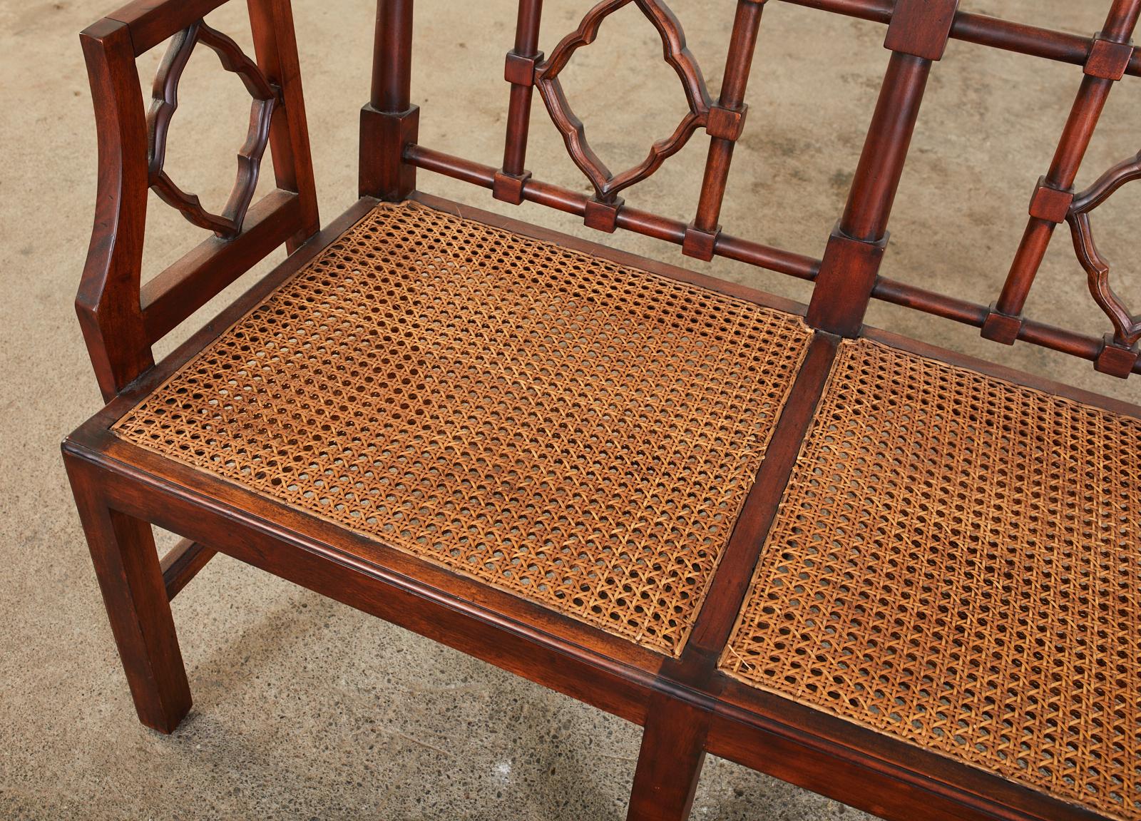 20th Century Chinese Chippendale Style Mahogany Caned Bench Settee