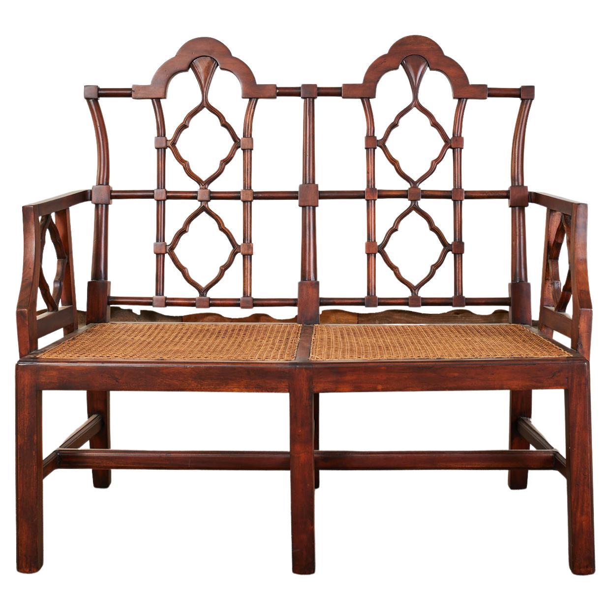 Chinese Chippendale Style Mahogany Caned Bench Settee