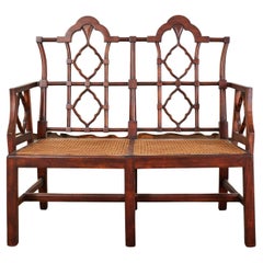 Chinese Chippendale Style Mahogany Caned Bench Settee