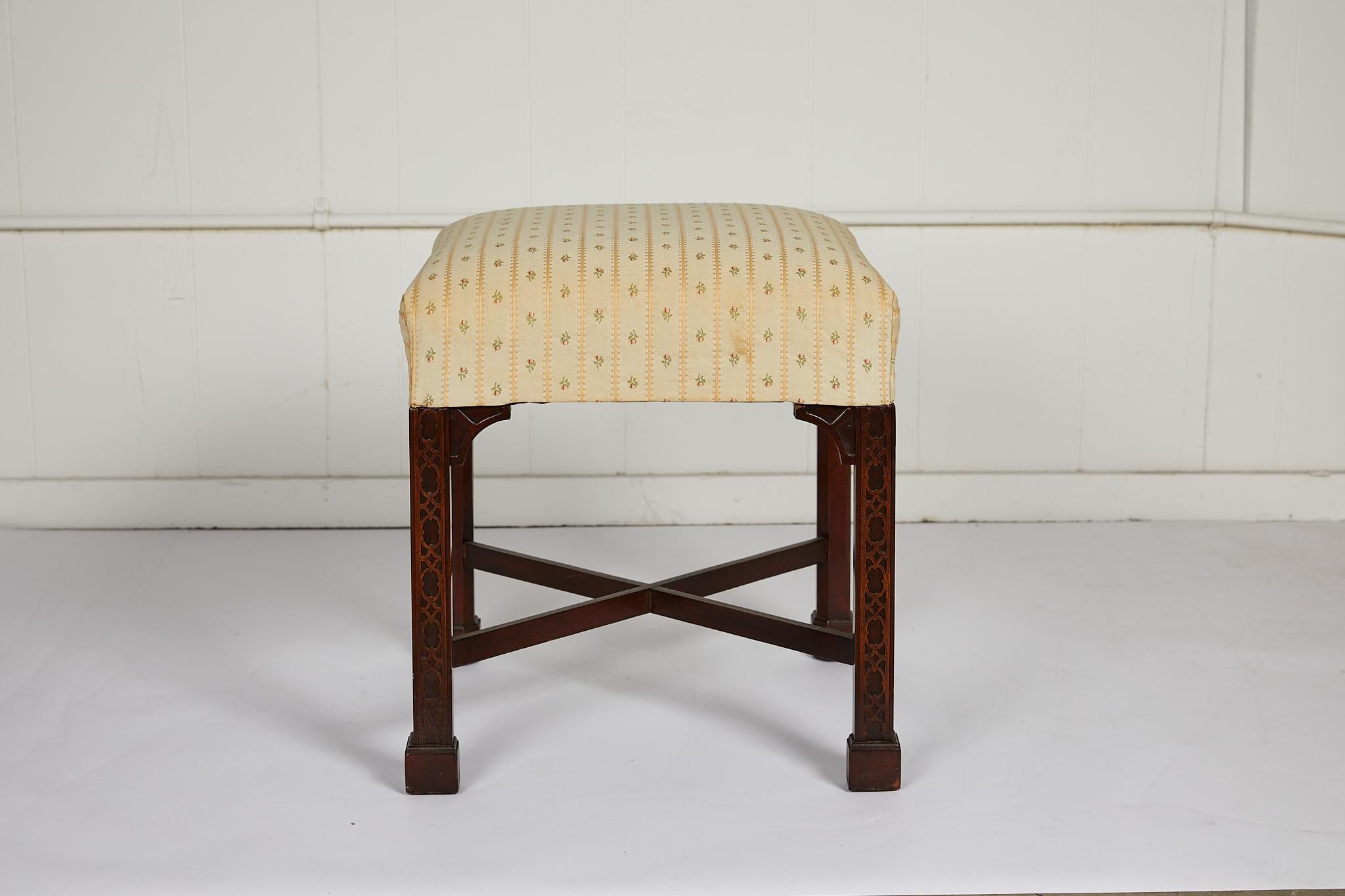 Upholstery Chinese Chippendale Style Mahogany Stool