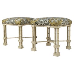 Chinese Chippendale Style Ottomans W/ Brunschwig Fils Leopard Chinoiserie - Pair