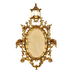 Espejo de pared ovalado estilo Chippendale chino, con forma de pagoda y marco de madera dorada