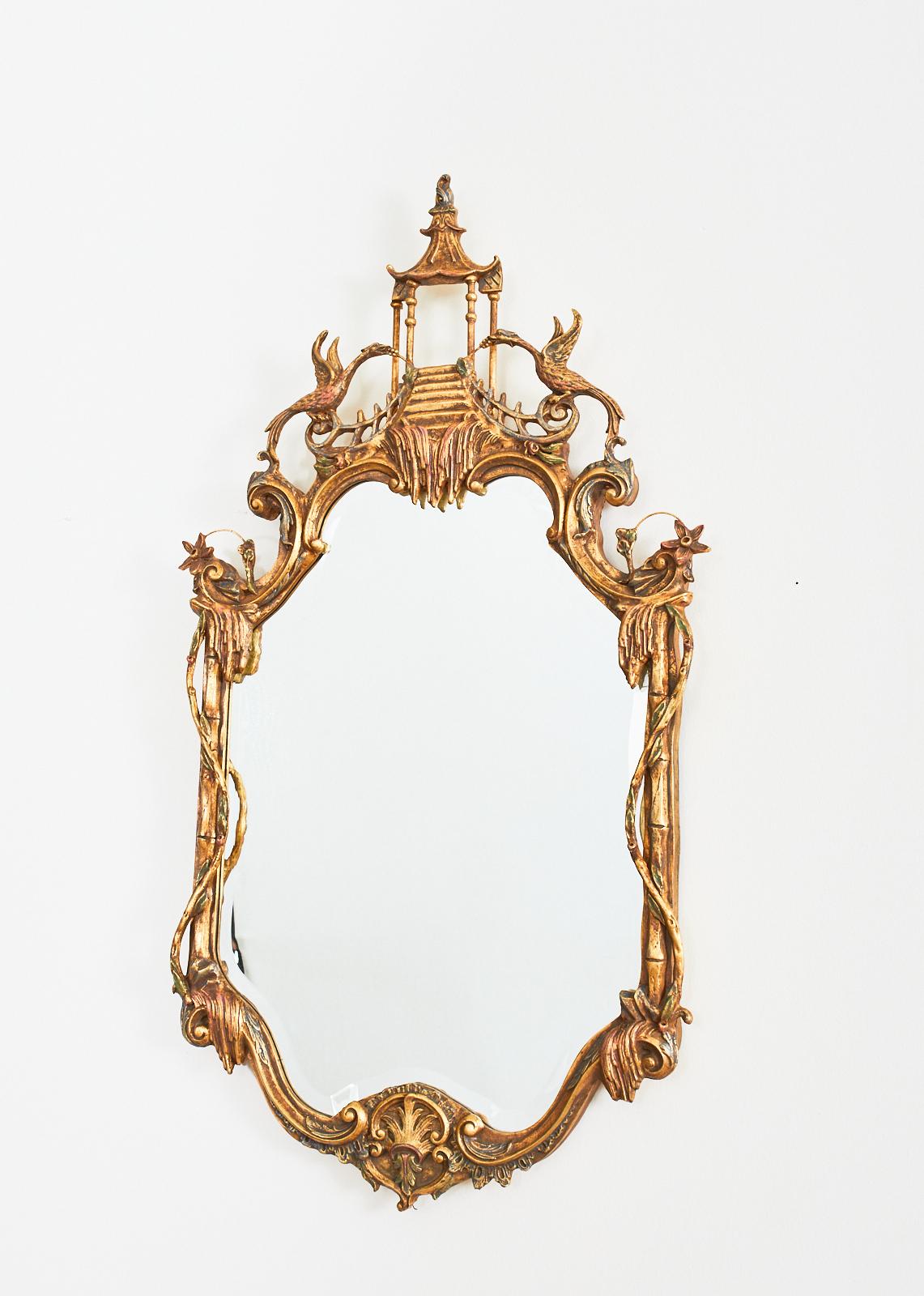American Chinese Chippendale Style Pagoda Mirror with Ho Ho Birds