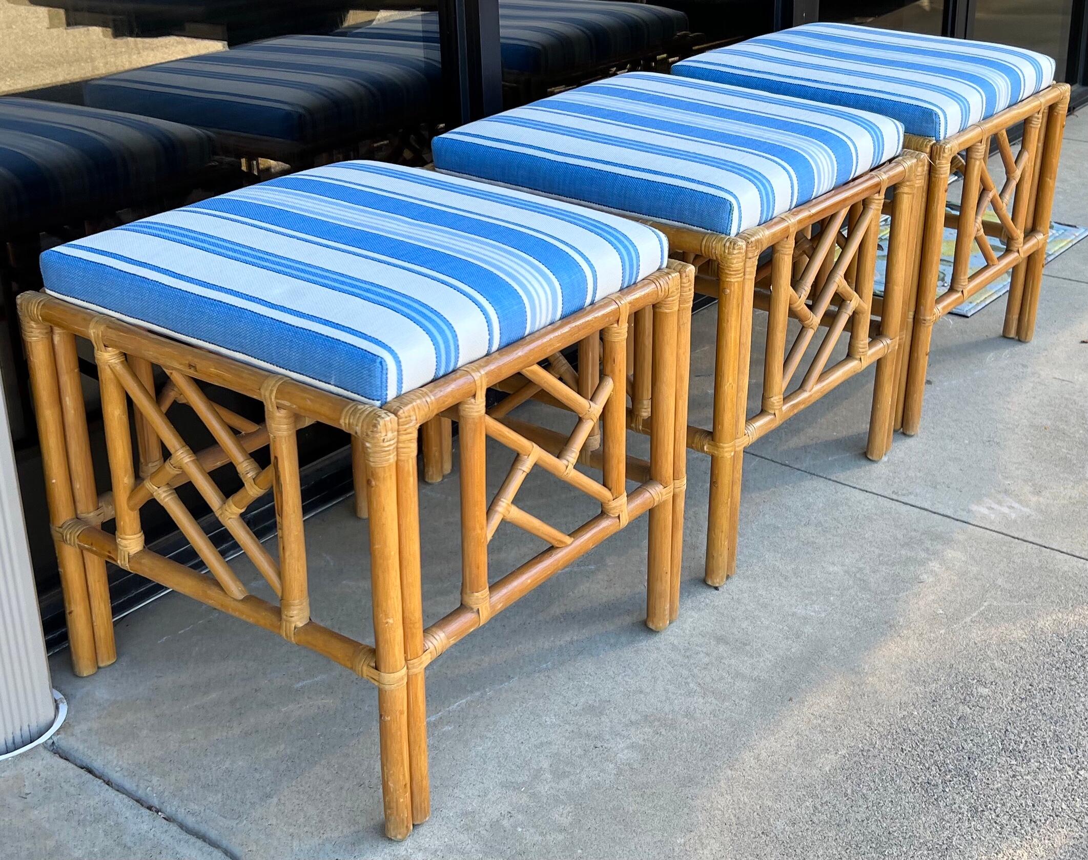 Late 20th Century Chinese Chippendale Style Rattan / Bamboo Ottomans / Tables in Blue & White, 3 For Sale