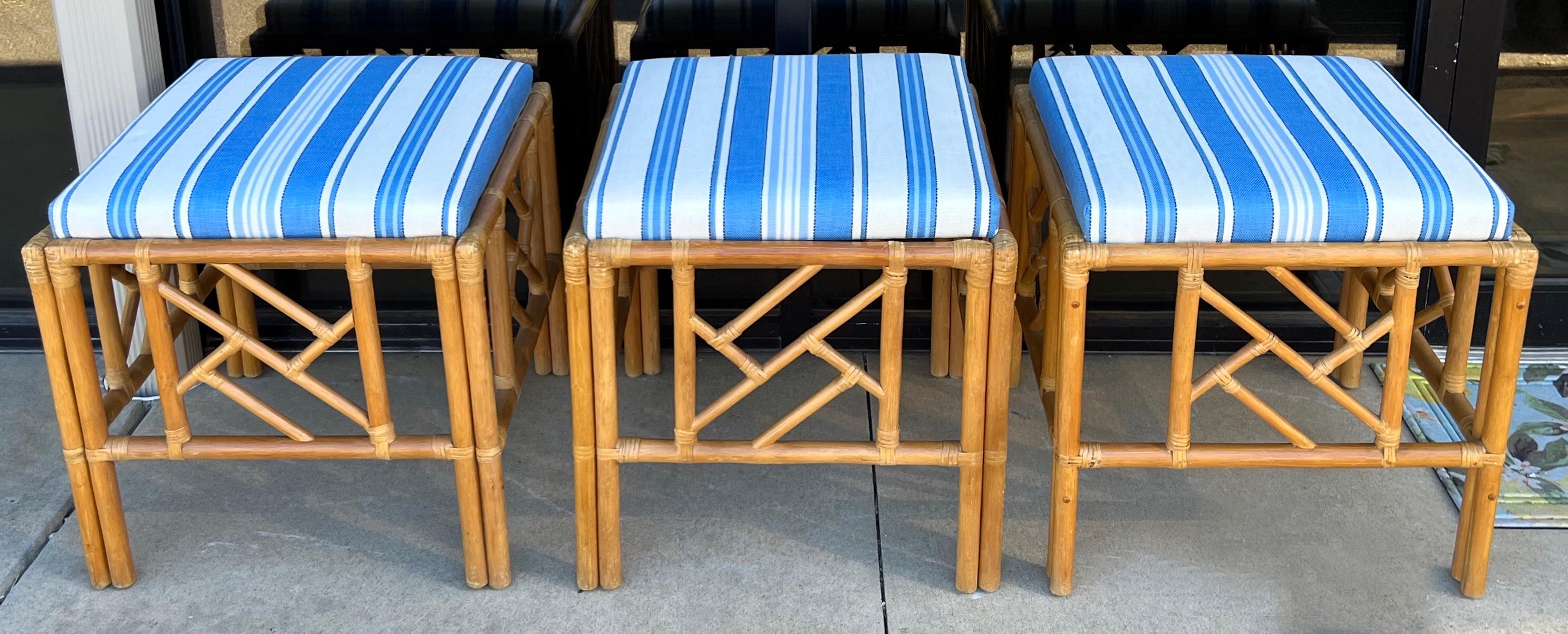 Upholstery Chinese Chippendale Style Rattan / Bamboo Ottomans / Tables in Blue & White, 3 For Sale