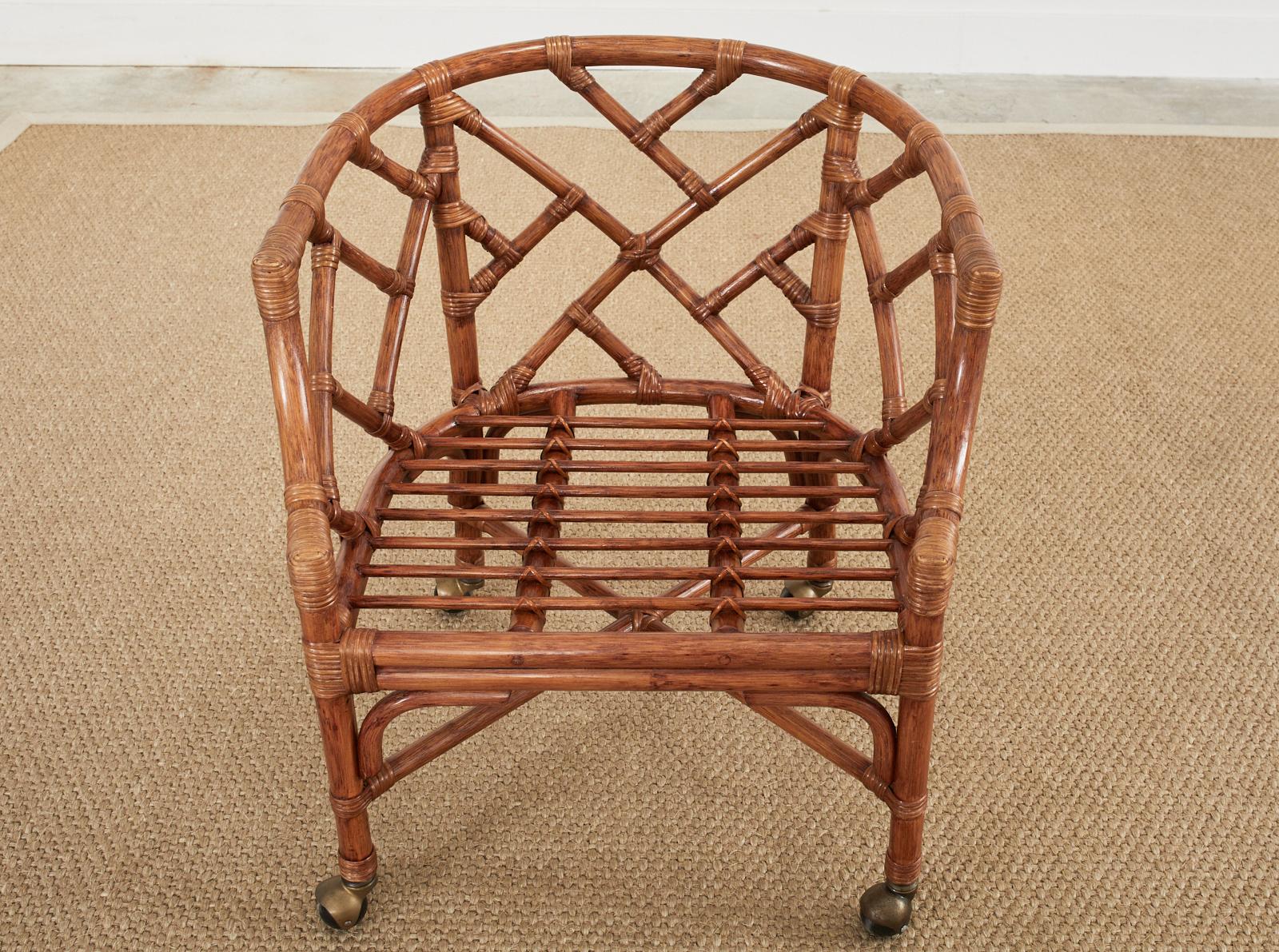 Chinese Chippendale Style Rattan Barrel Dining Chairs and Table 7