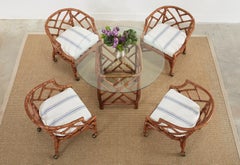 Chinese Chippendale Style Rattan Barrel Dining Chairs and Table