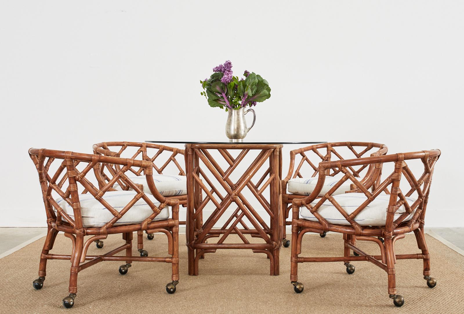 Chinese Chippendale Style Rattan Barrel Dining Chairs and Table In Good Condition In Rio Vista, CA