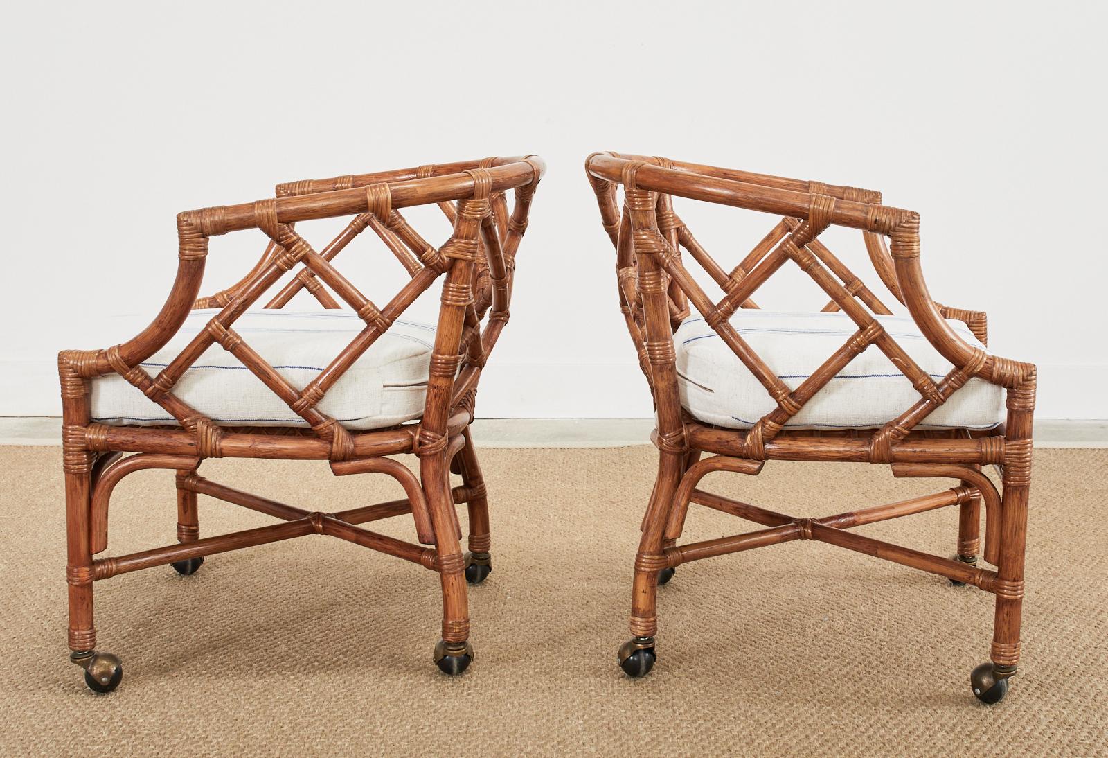 Chinese Chippendale Style Rattan Barrel Dining Chairs and Table 1