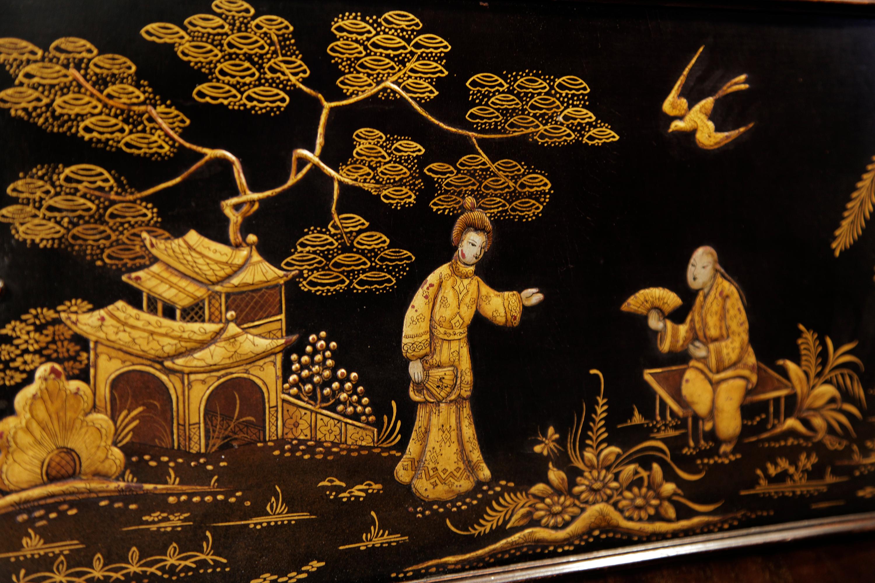 Chinese Chippendale Style Schiedmayer Piano Oriental Scenes Embossed Japanning For Sale 1