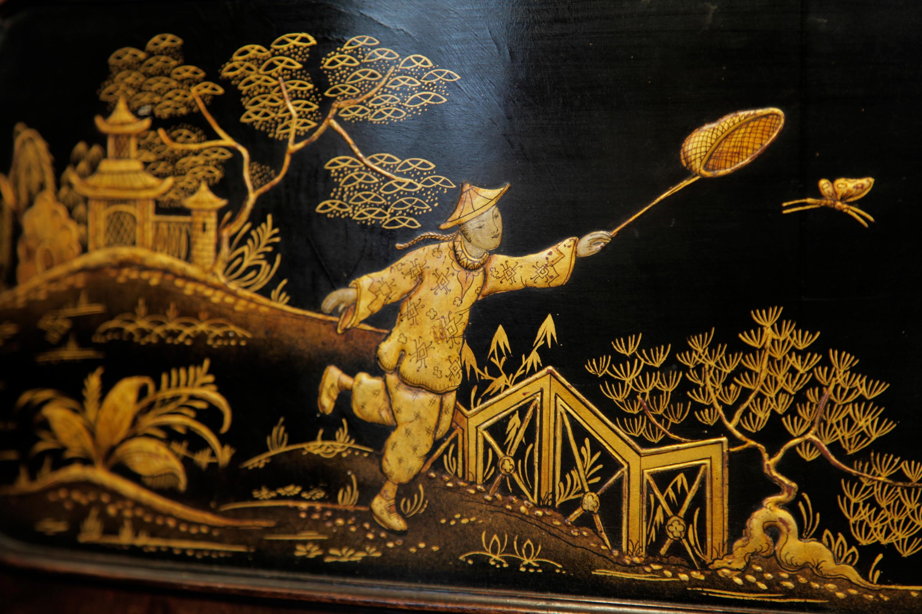 Chinese Chippendale Style Schiedmayer Piano Oriental Scenes Embossed Japanning For Sale 5