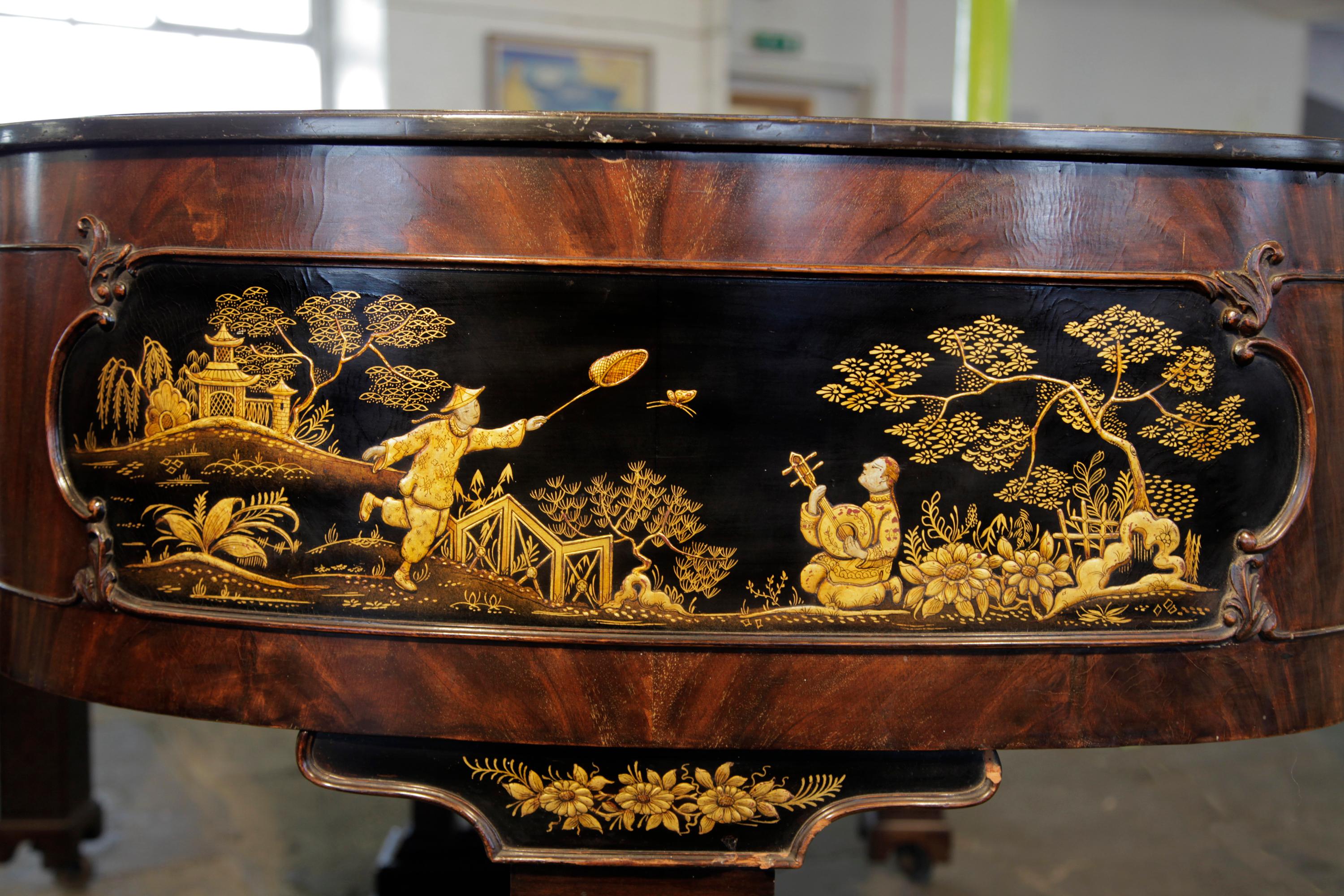 Chinese Chippendale Style Schiedmayer Piano Oriental Scenes Embossed Japanning For Sale 6