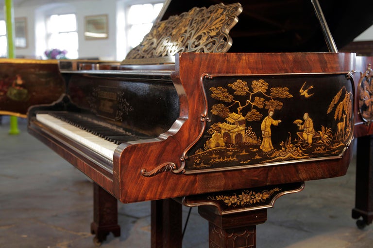 Chinese Chippendale Style Schiedmayer Piano Oriental Scenes Embossed  Japanning For Sale at 1stDibs