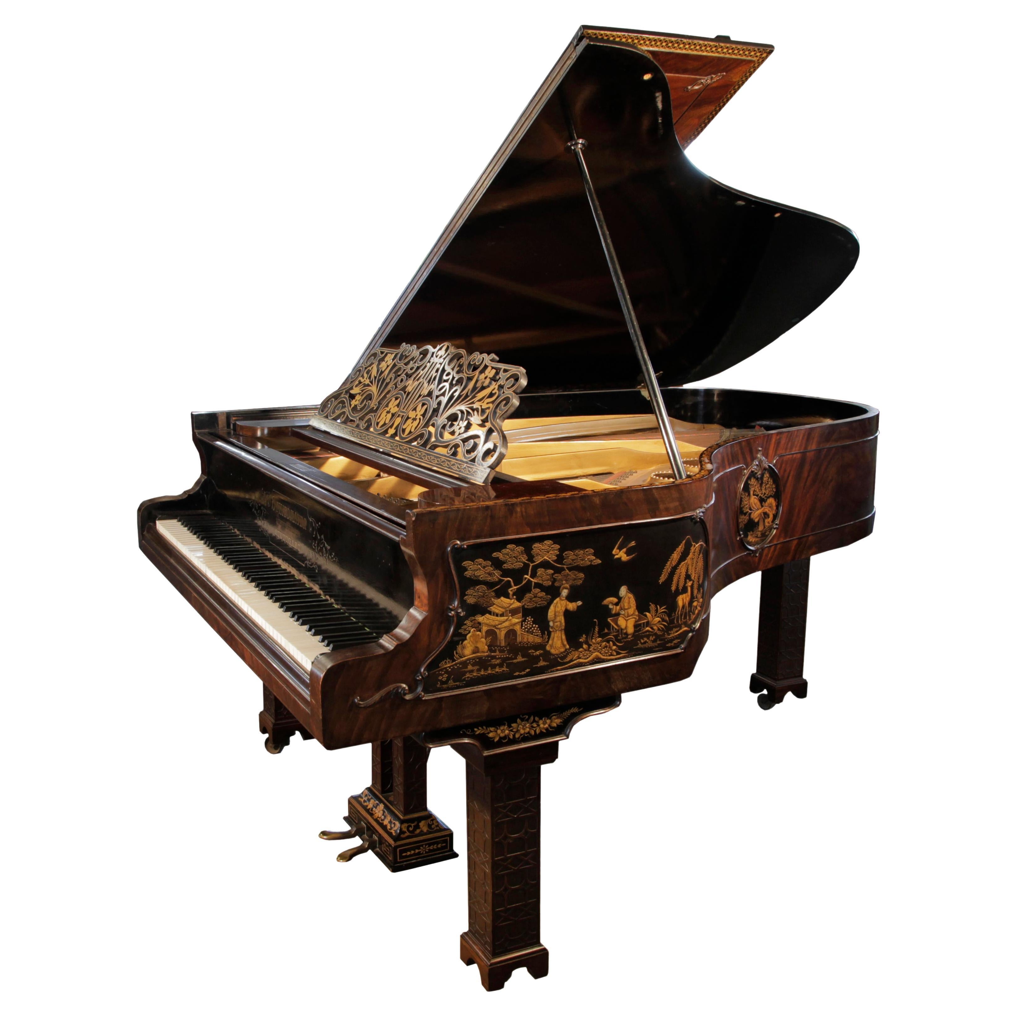 Chinese Chippendale Style Schiedmayer Piano Oriental Scenes Embossed Japanning For Sale