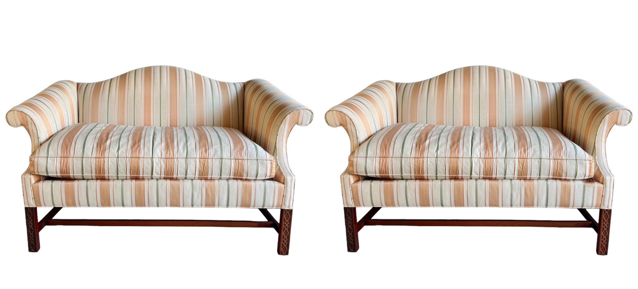 Upholstery Chinese Chippendale Style Settees / Sofas W/ Mahogany Frame By Southwood - Pair