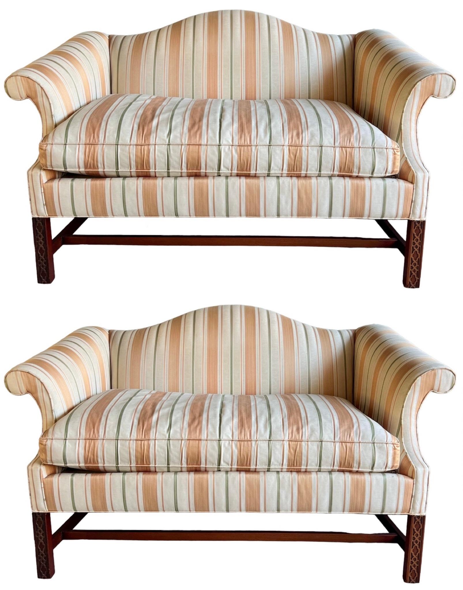 Chinese Chippendale Style Settees / Sofas W/ Mahogany Frame By Southwood - Pair 1