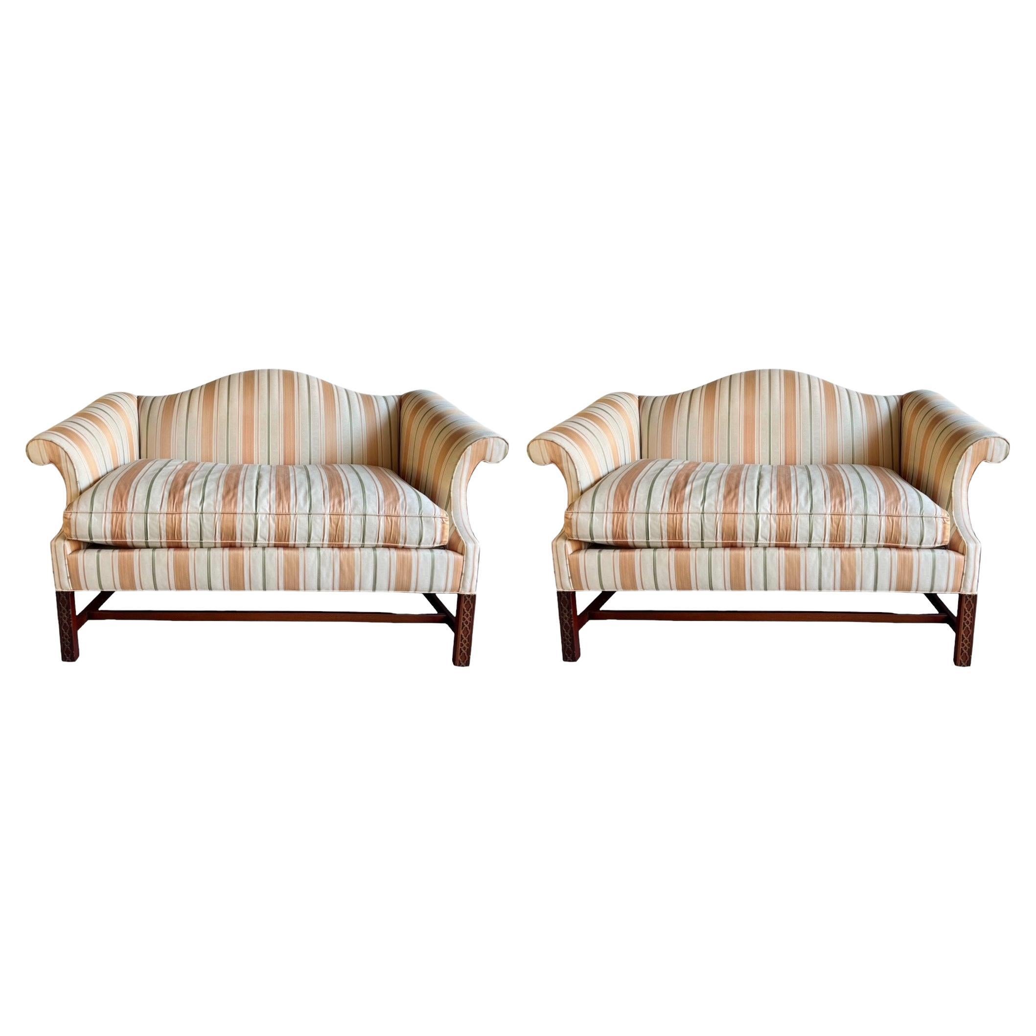 Chinese Chippendale Style Settees / Sofas W/ Mahogany Frame By Southwood - Pair
